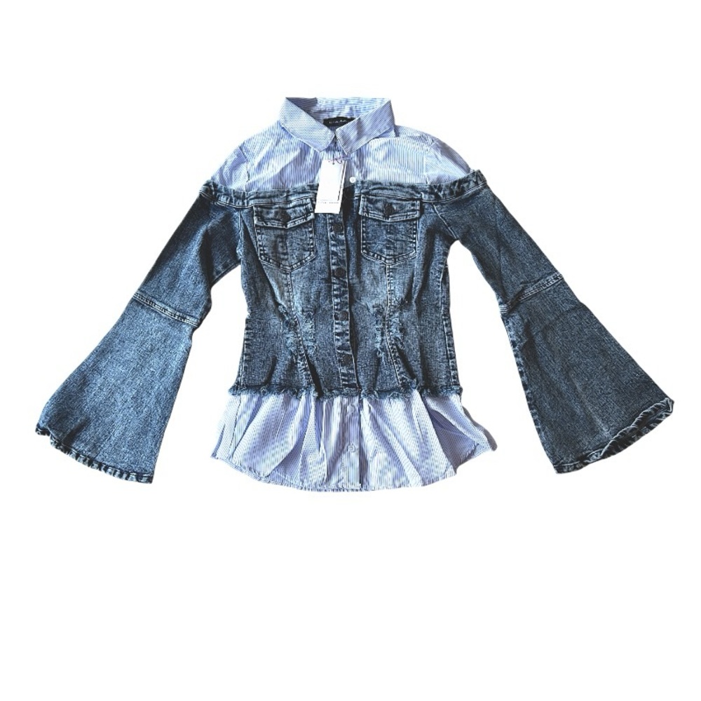 $280 Yellowstone Cowgirl Blouse Medium 6 8 Distressed Denim Top Contrast Poplin